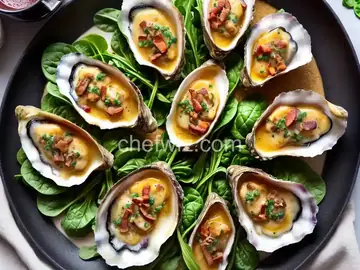 Grilled Oysters Rockefeller with Baby Spinach Bacon Fondue