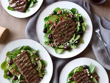Grilled Peppercorn Steak and Caramelized Pecan Salad with Cabernet-Cherry Vinaigrette