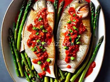 Grilled Snapper and Asparagus with Red Pepper Sauce