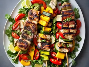 Grilled Vegetable and Swordfish Kebabs