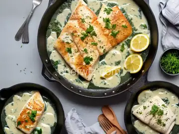 Halibut with Creamy Garlic and Herb Sauce