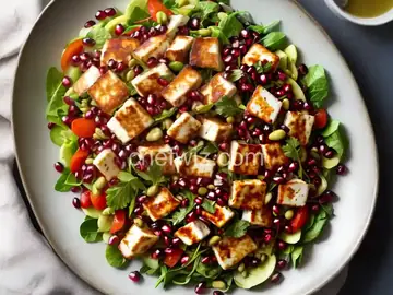 Halloumi Three-Bean Salad with Pomegranate-Harissa Vinaigrette
