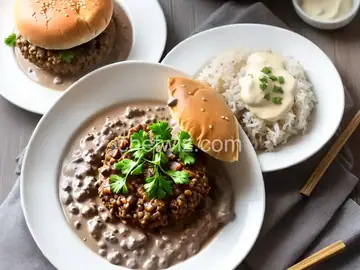 Hamburger on white rice with creamy mushroom gravy!