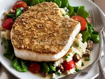 Hazelnut Crusted Halibut with Garlic Mashed Potatoes