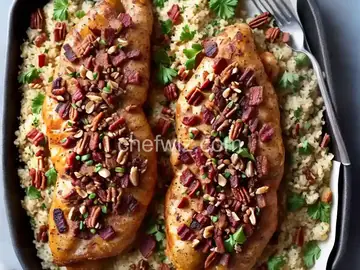 Herby Cauliflower Rice with Pecans and Candied Bacon-Wrapped Chicken