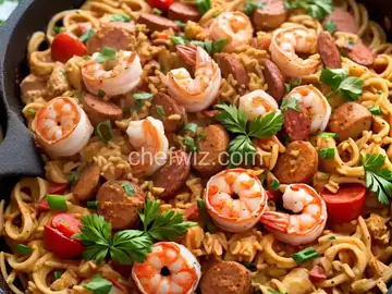 Jambalaya Pasta with Penne, Chicken, Shrimp and Andouille