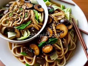 Japanese Udon With Mushroom-Soy Broth, Stir-Fried Mushrooms, and Cabbage (Vegan) Recipe