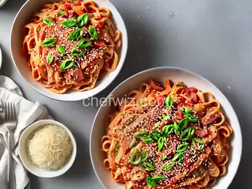 Kimchi Pasta with Bacon and Sesame Seeds Recipe