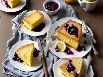 Lemon Cornmeal Cake with Lemon Glaze and Crushed-Blueberry Sauce