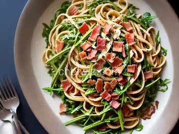 Linguine with Asparagus, Bacon, and Arugula