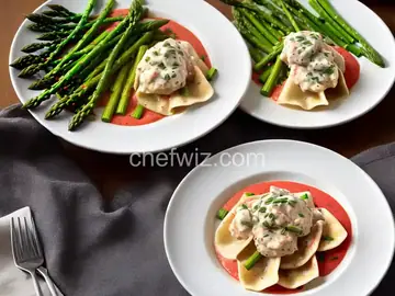 Lump Crabmeat Ravioli with Red Pepper Cream Sauce and Asparagus