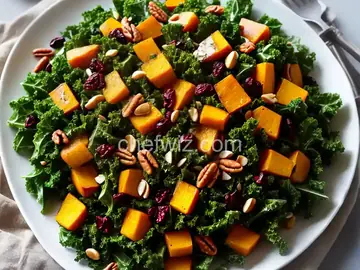 Make-Ahead Roasted Squash and Kale Salad With Spiced Nuts, Cranberries, and Maple