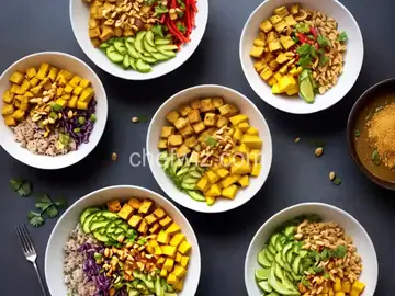 Mango “Burrito” Bowls with Crispy Tofu and Peanut Sauce