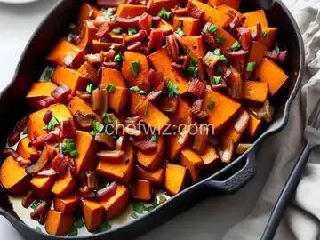 Maple Glazed Sweet Potatoes with Bacon and Caramelized Onions