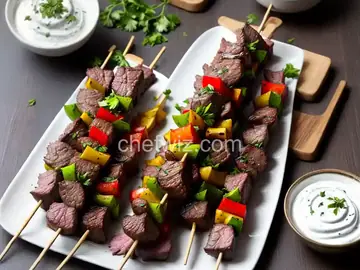 Marinated Beef Tenderloin Skewers with Mustard Horseradish Cream