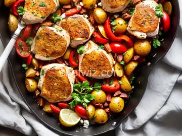 Mediterranean Chicken Thighs with Potatoes, Peppers and Feta