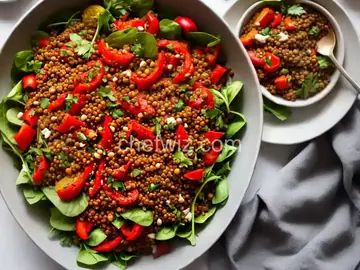 Mediterranean Style Roasted Red Pepper and Lentil Salad