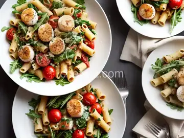 Mezzi Rigatoni with Tomatoes, Scallops and Arugula