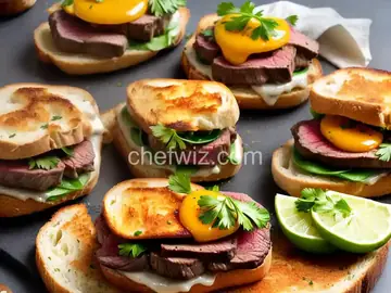 Mini Open Faced Steak Sandwiches on Garlic Bread with Aged Provolone and Parsley Oil