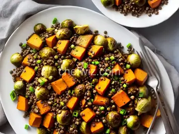 Miso Maple Brussel Sprouts and Sweet Potatoes with Lentils
