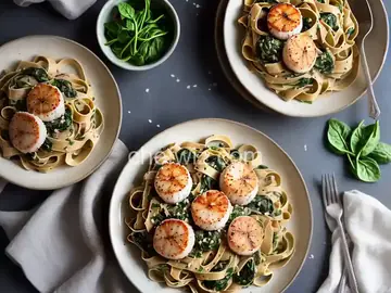New Year Spinach Fettuccine with Scallops