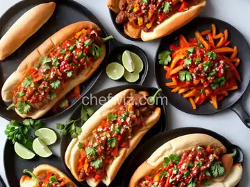 New York Street Cart Dogs with Onion Sauce and Grilled Red Pepper Relish