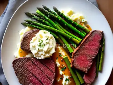 New York Strip with Maitre Butter, Horseradish Mashed Potatoes and Asparagus