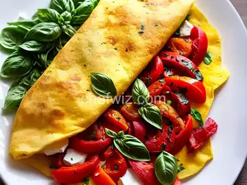 Omelet with Prosciutto, Roasted Peppers, Fresh Mozzarella, Basil