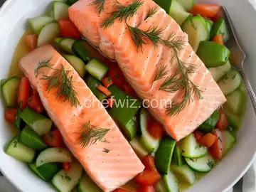 Oven Poached Salmon a la Paige with Dill, Vidalia Onion and Cucumber Relish