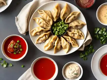 Pan-Fried Chicken Dumplings with Sweet and Spicy Dipping Sauce