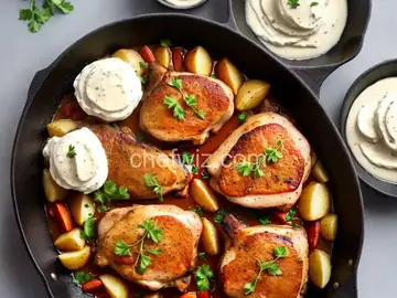 Pan Fried Chicken Thighs with Pancetta Cream over Confit Potatoes