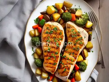Pan Seared Chicken Breast with Herb Jus and Potato-Vegetable Hash