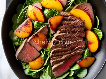 Pan-Seared Flank Steak With Peaches and Dandelion Greens Recipe