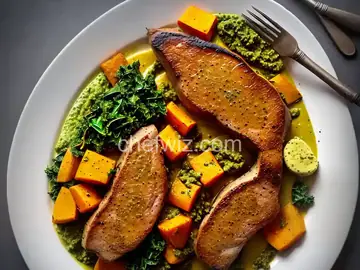 Pan-Seared Veal Chop with Roasted Kale Pesto and Butternut Squash and Parsnip Puree