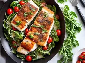 Parmesan Black Cod with Arugula and Tomato Topping