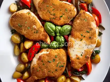 Parmesan Crusted Chicken Breasts with Tomato and Basil and Potatoes with Peppers and Onions