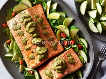 Pesto-Rubbed Baked Salmon with Smashed Cucumber and Green Apple Salad