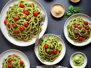 Pesto Squash Noodles and Spaghetti with Burst Cherry Tomatoes