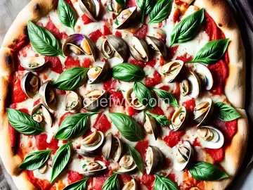 Pizza with Fresh Clams, Garlic, Mozzarella, Romano, and Basil Recipe