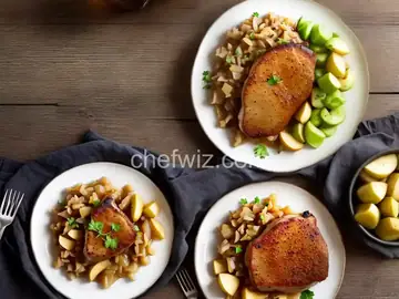 Pork Chop with Cider Gravy, Sauteed Apples, and Onions