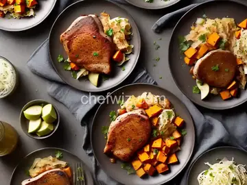 Pork Chops with Apples, Sweet Potatoes, and Sauerkraut