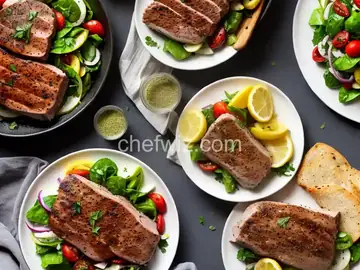 Pork Tenderloin Marinated in Garlic, Lemon and Oregano with Greek Salad