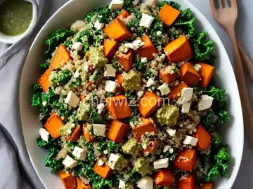 Quinoa Salad with Roasted Sweet Potato, Kale & Pesto Vinaigrette