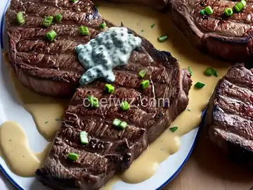 Rib Eye Steak with Onion Blue Cheese Sauce