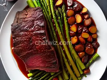 Rib Roast with Red Wine Demi-Glace and Roasted White Potatoes and Asparagus