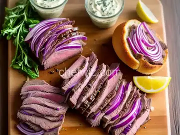 Roast Beef Sandwiches with Lemon-Basil Mayonnaise and Roasted Red Onions