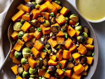 Roast Butternut Squash and Brussels Sprouts With Spiced Honey-Herb Dressing