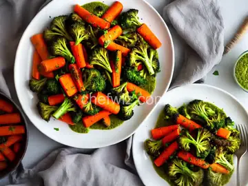 Roasted Broccoli and Carrots with Carrot Top Pesto
