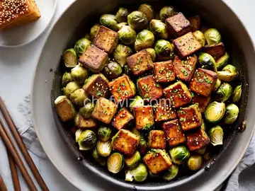 Roasted Brussels Sprouts and Crispy Baked Tofu with Honey-Sesame Glaze