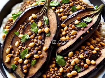 Roasted Eggplant With Tahini, Pine Nuts, and Lentils Recipe